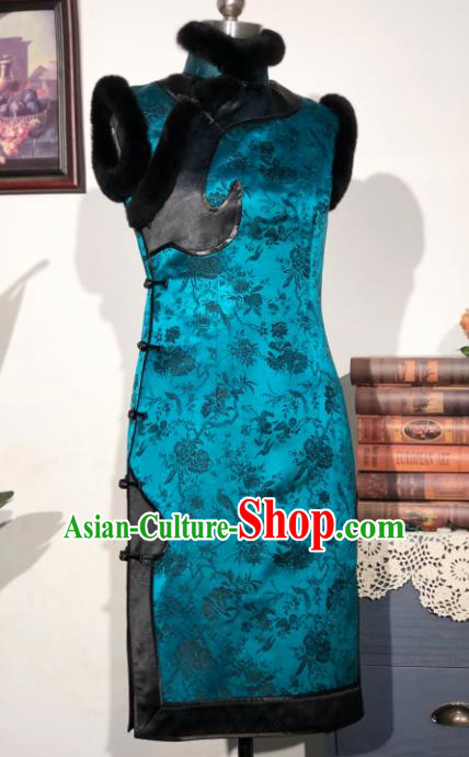 Chinese Traditional Tang Suit Blue Brocade Long Vest National Waistcoat Upper Outer Garment Costumes for Women
