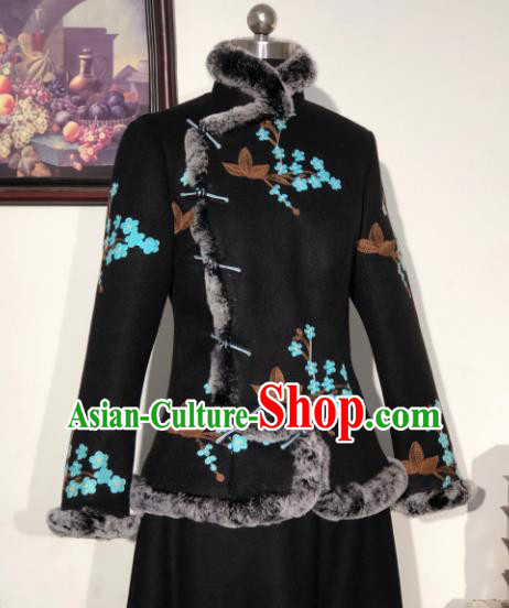 Chinese Traditional Winter Black Woolen Coat National Tang Suit Overcoat Costumes for Women