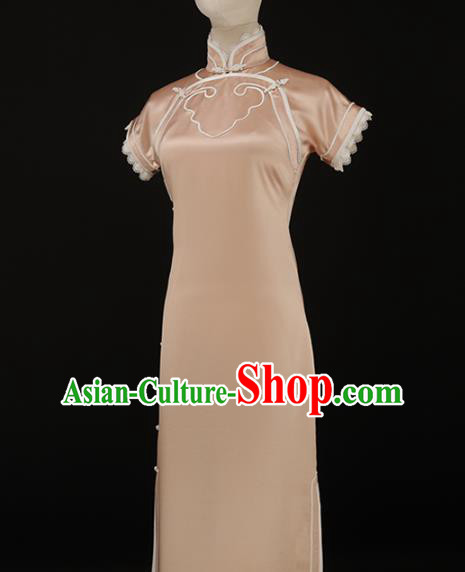 Chinese Traditional Light Pink Long Qipao Dress National Tang Suit Cheongsam Costumes for Women