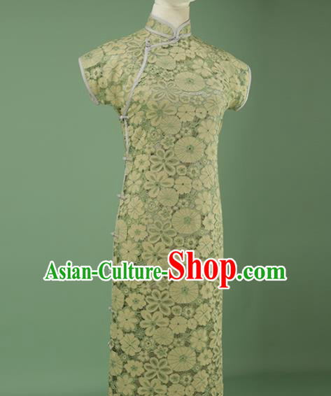 Chinese Traditional Light Green Lace Qipao Dress National Tang Suit Cheongsam Costumes for Women