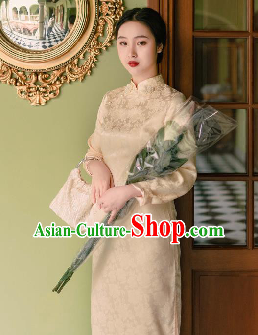 Chinese Traditional Retro Champagne Qipao Dress National Tang Suit Cheongsam Costumes for Women