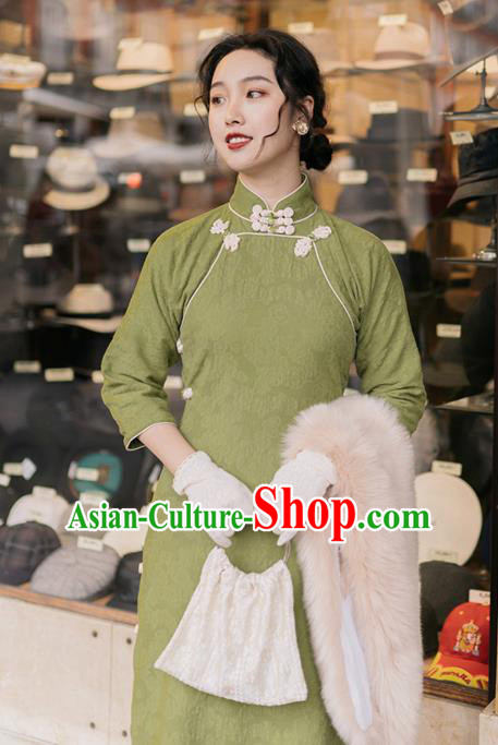 Chinese Traditional Retro Green Qipao Dress National Tang Suit Cheongsam Costumes for Women