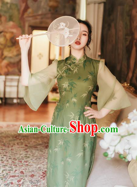 Chinese Traditional Bamboo Pattern Green Qipao Dress National Tang Suit Cheongsam Costumes for Women