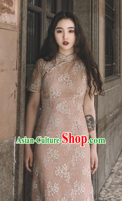 Chinese Traditional Deep Pink Lace Qipao Dress National Tang Suit Cheongsam Costumes for Women