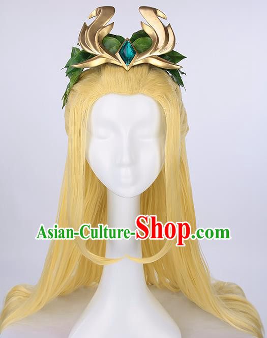 Chinese Traditional Cosplay Fairy Yellow Wigs Ancient Swordsman Wig Sheath for Women