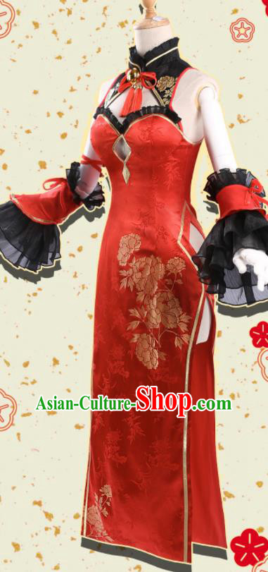 Chinese Traditional Cosplay Red Qipao Dress Ancient Swordswoman Costumes for Women