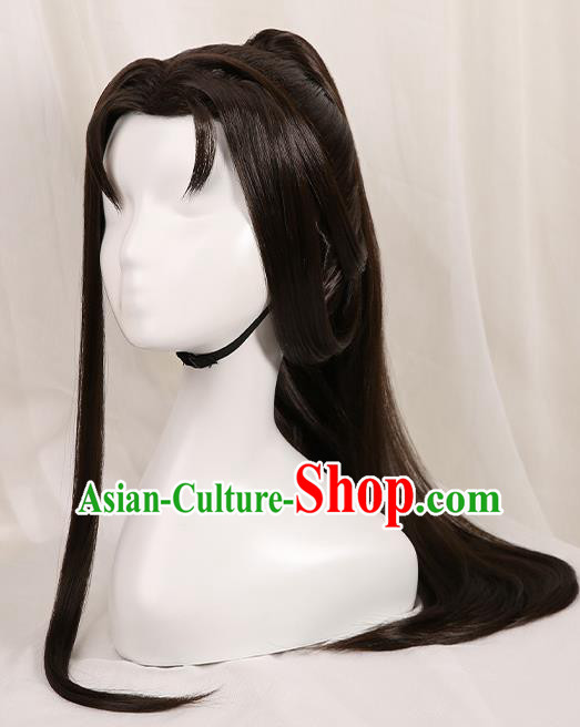 Chinese Traditional Cosplay Swordsman Black Wigs Ancient Knight Wig Sheath for Men