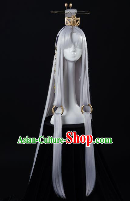 Chinese Traditional Cosplay Swordsman Prince Grey Wigs Ancient Knight Wig Sheath for Men