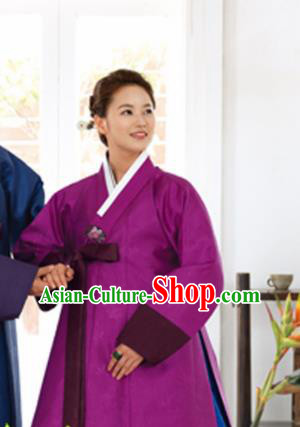 Korean Traditional Bride Hanbok Purple Blouse and Blue Dress Garment Asian Korea Fashion Costume for Women