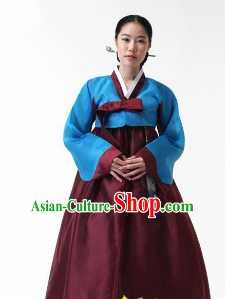 Korean Traditional Court Hanbok Blue Blouse and Purplish Red Dress Garment Asian Korea Fashion Costume for Women