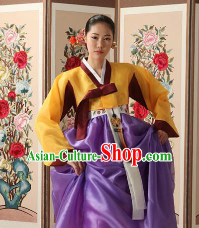 Korean Traditional Court Queen Hanbok Yellow Blouse and Purple Dress Garment Asian Korea Fashion Costume for Women