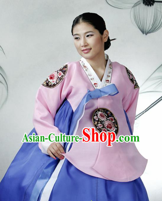 Korean Traditional Dance Hanbok Pink Blouse and Blue Dress Garment Asian Korea Fashion Costume for Women