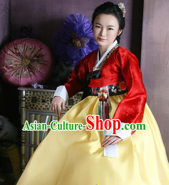 Korean Traditional Dance Hanbok Red Blouse and Yellow Dress Garment Asian Korea Fashion Costume for Women