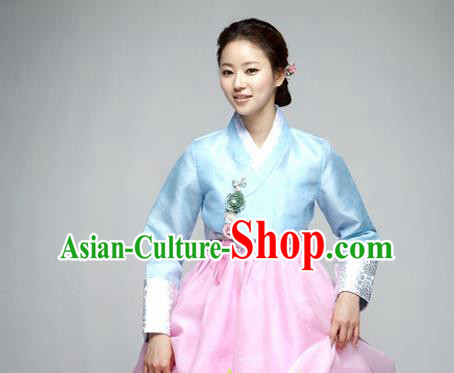 Korean Traditional Dance Hanbok Blue Blouse and Pink Dress Garment Asian Korea Fashion Costume for Women