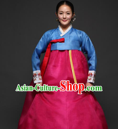 Korean Traditional Court Hanbok Blue Satin Blouse and Rosy Dress Garment Asian Korea Fashion Costume for Women