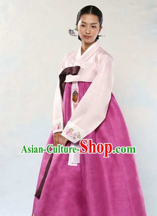 Korean Traditional Court Hanbok Pink Satin Blouse and Rosy Dress Garment Asian Korea Fashion Costume for Women