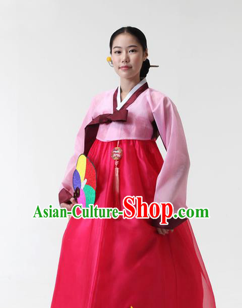 Korean Traditional Court Hanbok Pink Blouse and Rosy Dress Garment Asian Korea Fashion Costume for Women