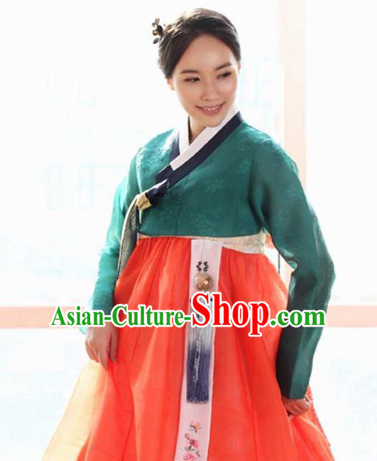 Korean Traditional Hanbok Green Blouse and Orange Dress Garment Asian Korea Fashion Costume for Women
