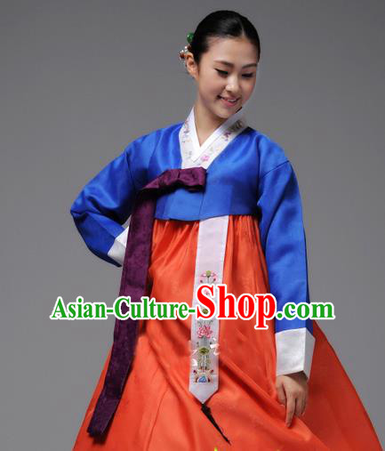 Korean Traditional Hanbok Blue Blouse and Orange Dress Garment Asian Korea Fashion Costume for Women