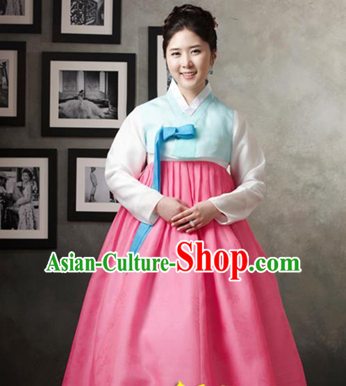 Korean Traditional Hanbok Light Blue Blouse and Pink Dress Garment Asian Korea Fashion Costume for Women