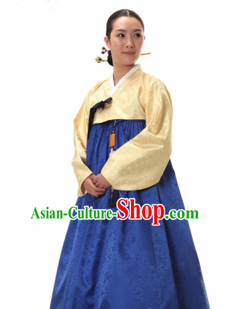 Korean Traditional Court Hanbok Yellow Blouse and Navy Dress Garment Asian Korea Fashion Costume for Women