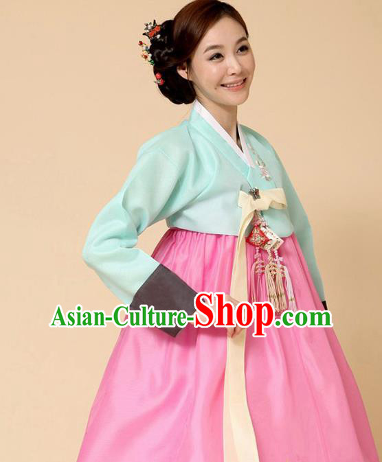 Korean Traditional Court Hanbok Blue Blouse and Pink Dress Garment Asian Korea Fashion Costume for Women