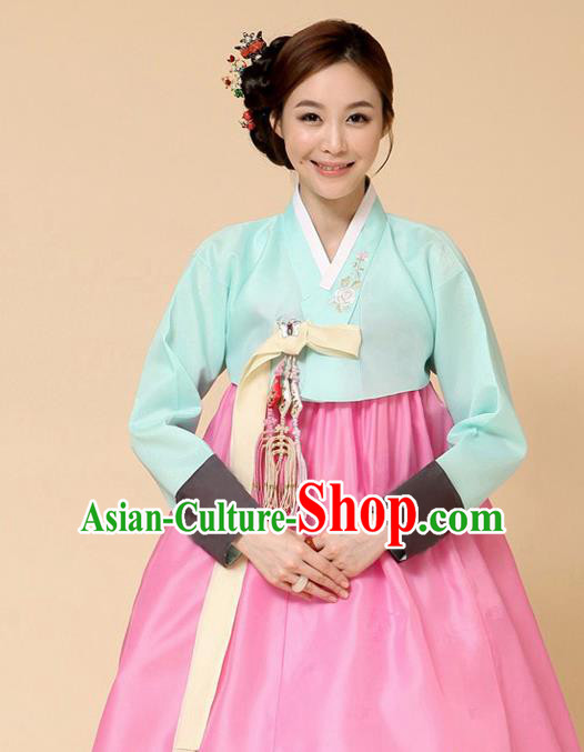 Korean Traditional Court Hanbok Blue Blouse and Pink Dress Garment Asian Korea Fashion Costume for Women