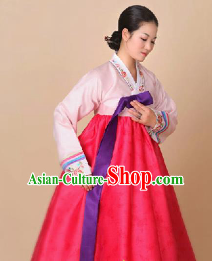 Korean Traditional Court Hanbok Pink Blouse and Red Dress Garment Asian Korea Fashion Costume for Women