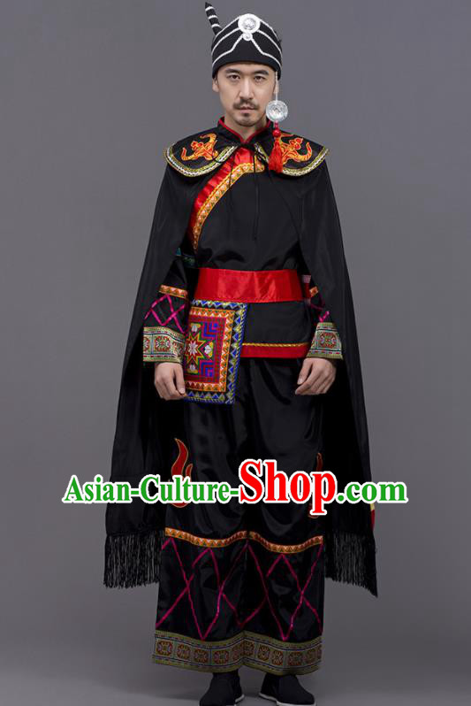 Chinese Traditional Yi Nationality Wedding Black Garment Ethnic Folk Dance Costume for Men