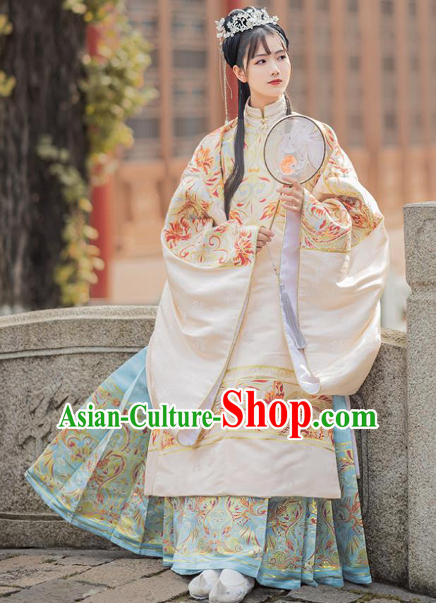 Chinese Traditional Apricot Brocade Blouse and Skirt Ancient Ming Dynasty Princess Costumes for Women