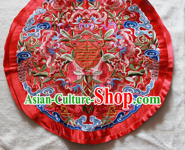 Chinese Traditional Embroidered Bats Peach Red Round Patch Embroidery Craft Embroidering Accessories