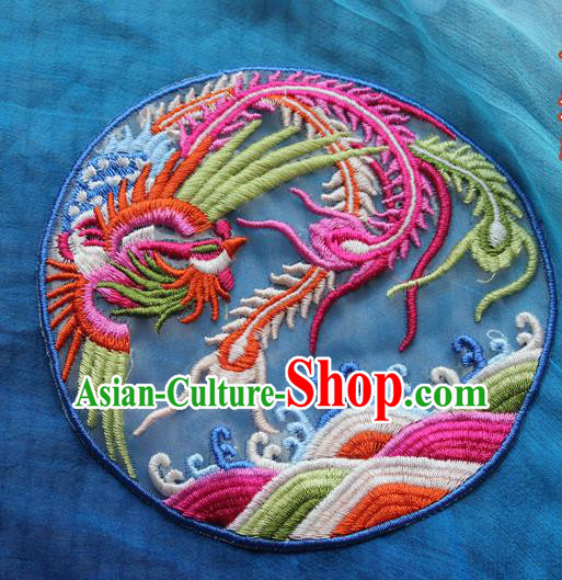 Chinese Traditional Embroidered Phoenix Blue Round Patch Embroidery Craft Embroidering Accessories