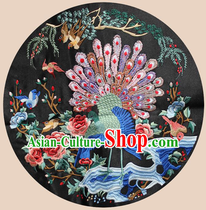 Chinese Traditional Embroidered Peacock Black Round Patch Embroidery Craft Embroidering Accessories
