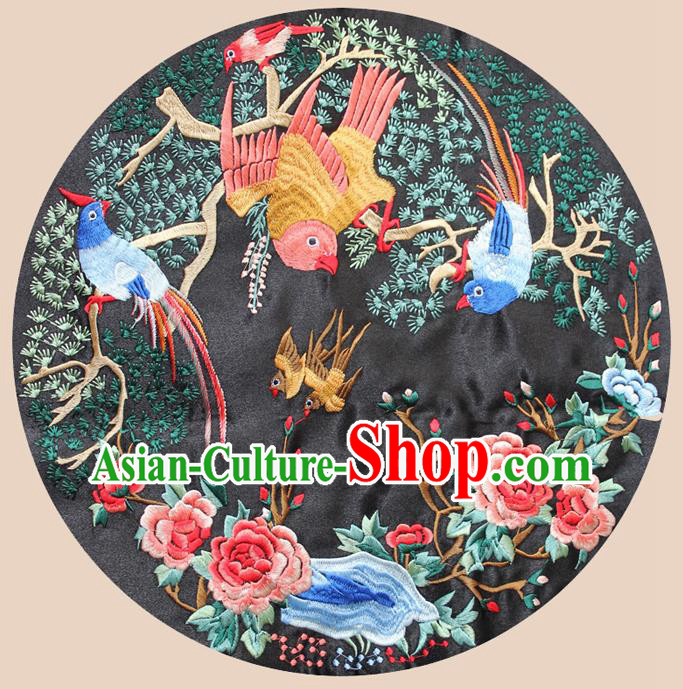 Chinese Traditional Embroidered Peony Birds Black Round Patch Embroidery Craft Embroidering Accessories