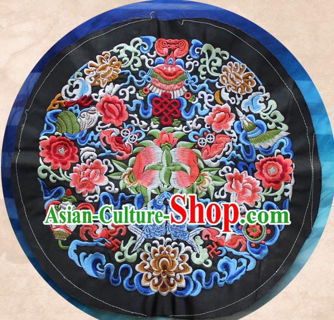 Chinese Traditional Embroidered Peach Peony Black Round Patch Embroidery Craft Embroidering Accessories