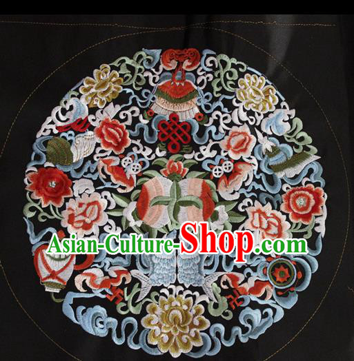 Chinese Traditional Embroidered Lucky Peony Black Round Patch Embroidery Craft Embroidering Accessories