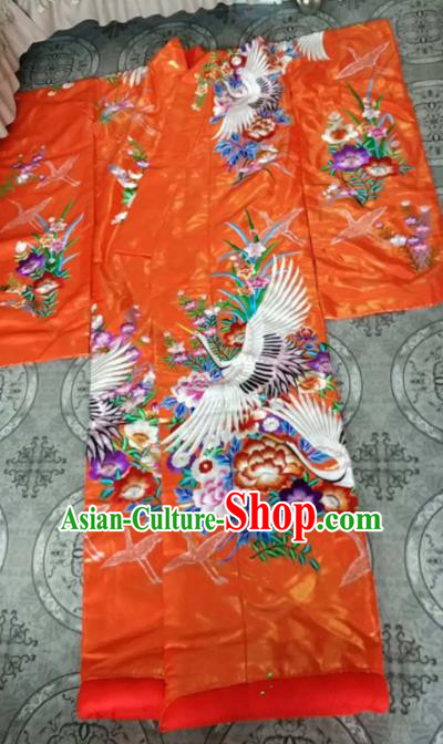 Traditional Japan Geisha Printing Crane Peony Orange Furisode Kimono Asian Japanese Fashion Apparel Costume for Women