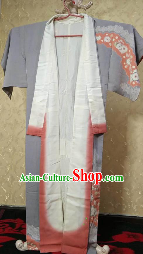 Traditional Japan Geisha Printing Sakura Grey Furisode Kimono Asian Japanese Fashion Apparel Costume for Women
