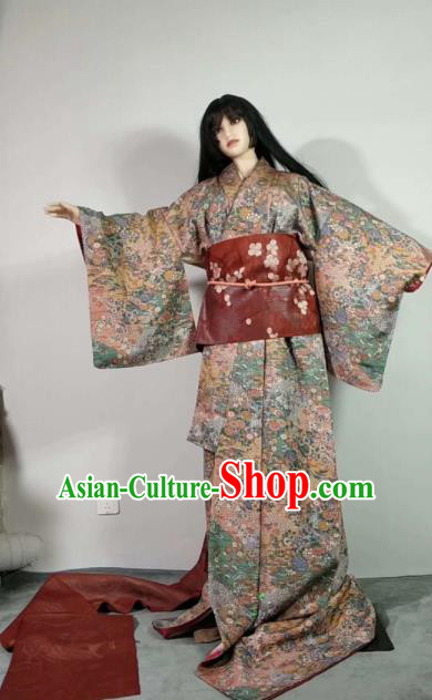 Traditional Japan Geisha Printing Chrysanthemum Furisode Kimono Asian Japanese Fashion Apparel Costume for Women