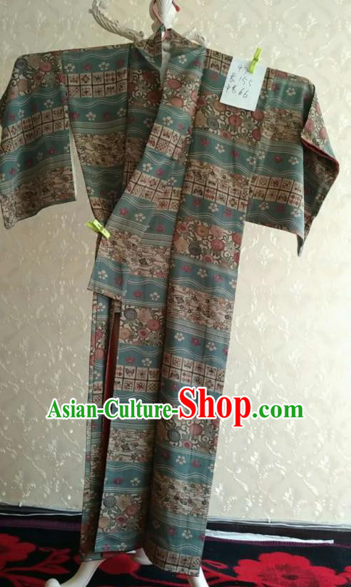 Traditional Japan Geisha Printing Chrysanthemum Navy Silk Furisode Kimono Asian Japanese Fashion Apparel Costume for Women