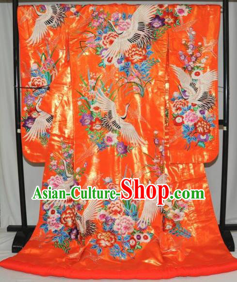 Traditional Japan Geisha Printing Crane Peony Orange Silk Furisode Kimono Asian Japanese Fashion Apparel Costume for Women