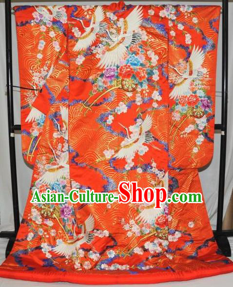 Traditional Japan Geisha Printing Crane Sakura Red Silk Furisode Kimono Asian Japanese Fashion Apparel Costume for Women