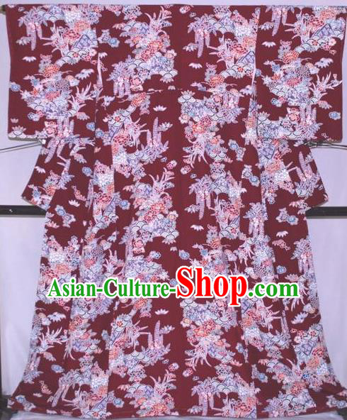 Traditional Japan Geisha Printing Purplish Red Silk Furisode Kimono Asian Japanese Fashion Apparel Costume for Women