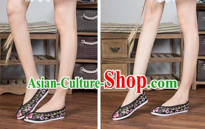 Chinese Traditional Black Satin Embroidered Shoes Opera Shoes Hanfu Shoes Wedding Shoes for Women