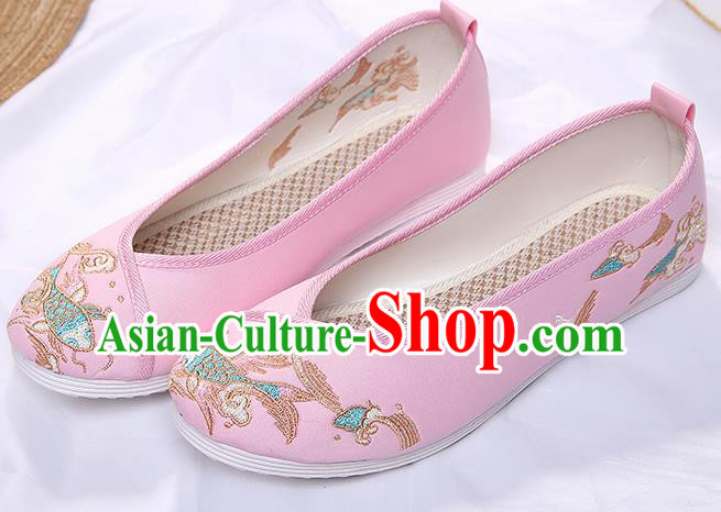 Chinese Traditional Pink Embroidered Carp Shoes Opera Shoes Hanfu Shoes Wedding Shoes for Women