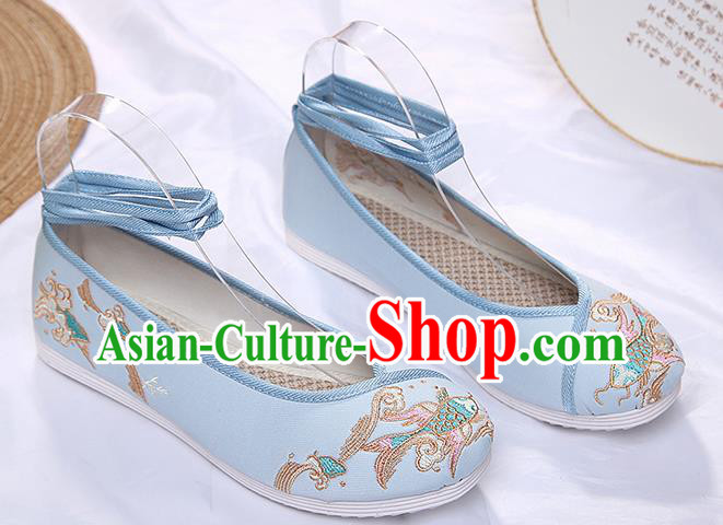 Chinese Traditional Blue Embroidered Carp Shoes Opera Shoes Hanfu Shoes Wedding Shoes for Women