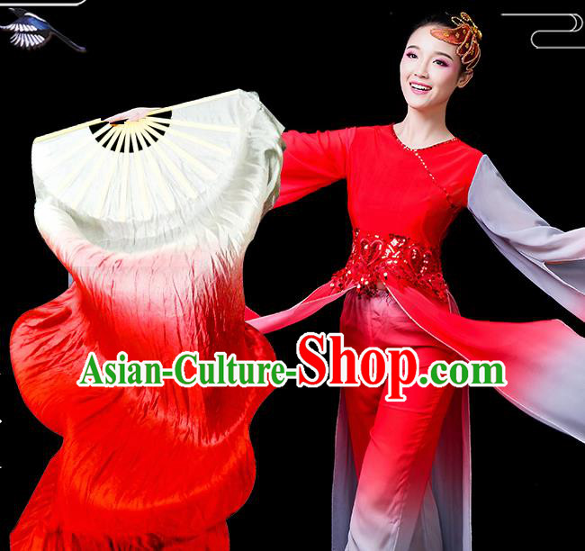 Traditional Chinese Folk Dance Red Silk Fan Stage Performance Yangko Dance Ribbon Folding Fan