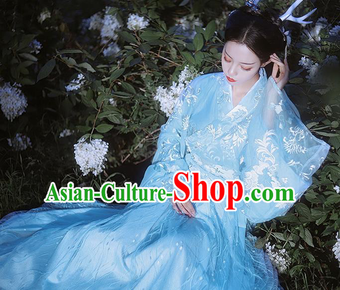Traditional Chinese Jin Dynasty Imperial Consort Blue Hanfu Dress Ancient Nobility Lady Historical Costumes for Women