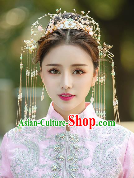 Chinese Traditional Ancient Bride Pearls Tassel Phoenix Coronet Wedding Hair Accessories for Women