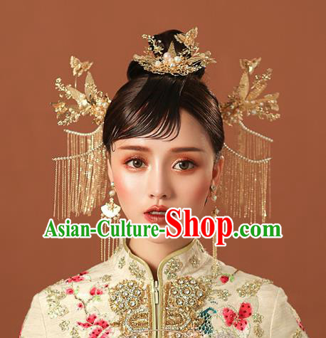 Chinese Traditional Wedding Bride Golden Butterfly Hair Comb and Tassel Hairpins Hair Accessories for Women